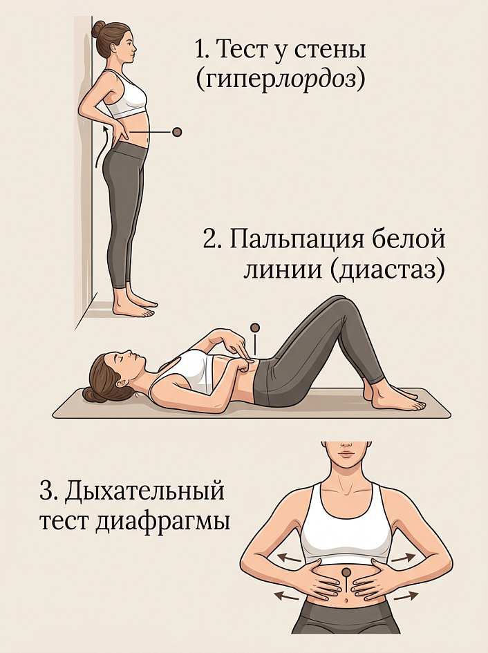 Пошаговая инфографика самодиагностики осанки и мышц живота: тест у стены, пальпация диастаза и тест диафрагмы