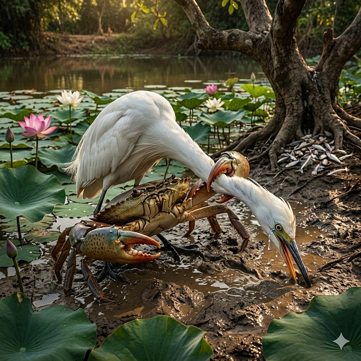 Арт рака сжимающего клешнями шею цапли на берегу пруда как образ победы ума над коварством