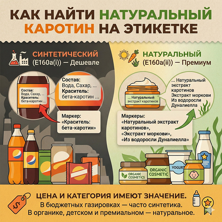 Инфографика маркеров натурального и синтетического каротина Е160а на упаковках для выбора безопасных эко-продуктов.
