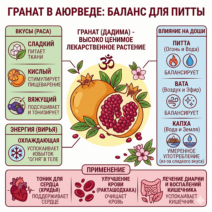 Инфографика граната в Аюрведе, показывающая вкусы (Раса), энергию (Вирья) и  для баланса Питта-доши.