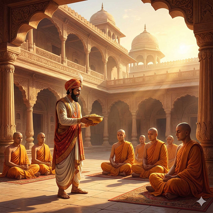 Цифровой арт торговца Анатхапиндики подающего милостыню монахам во дворе дворца
