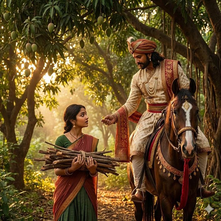 Арт царя дающего золотой перстень девушке в лесу символизирующий обещание признать будущего наследника