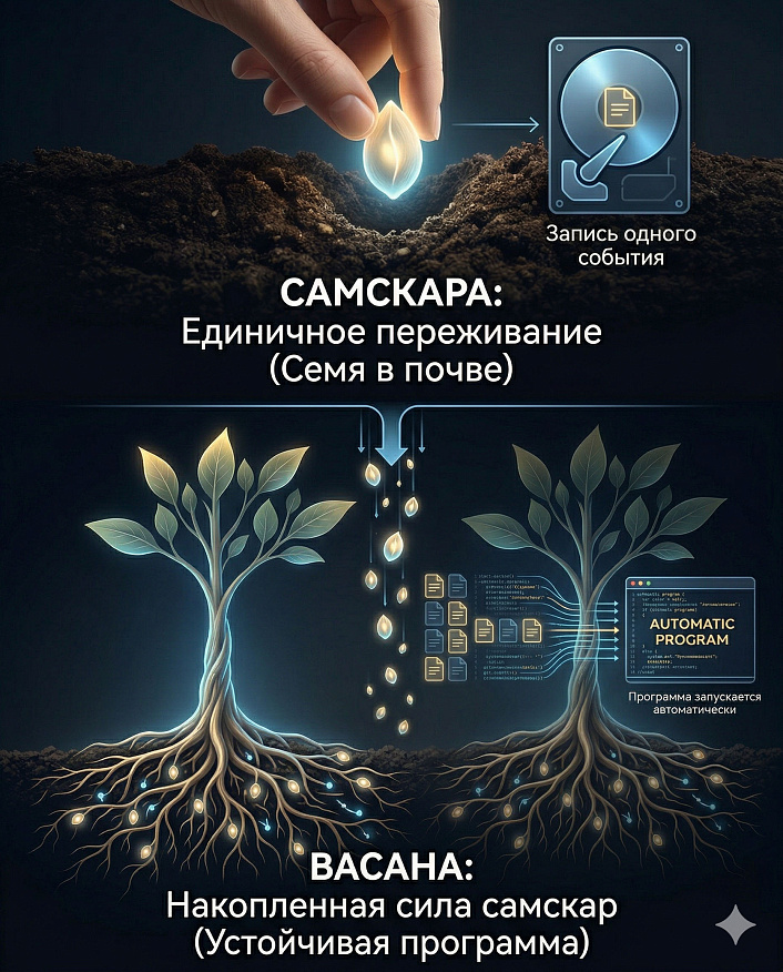 Схема сравнения Самскары и Васаны, объясняющая разницу между единичным следом и накопленной программой в йоге