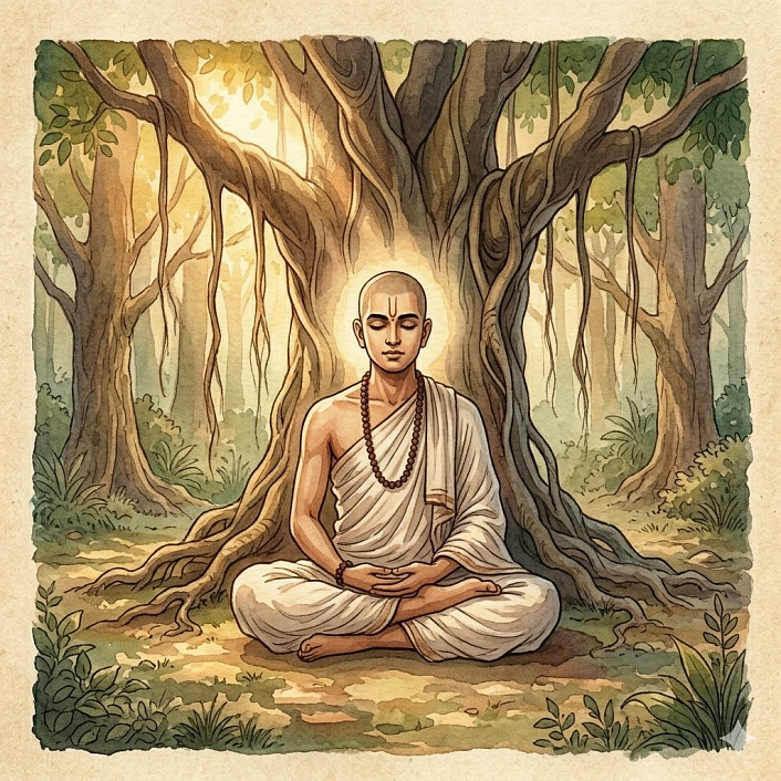 Арт молодого подвижника, медитирующего в лесу после осознания скверны мирской жизни.