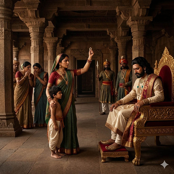 Иллюстрация матери показывающей сына и перстень царю во дворце изображающая конфликт правды и стыда перед свитой