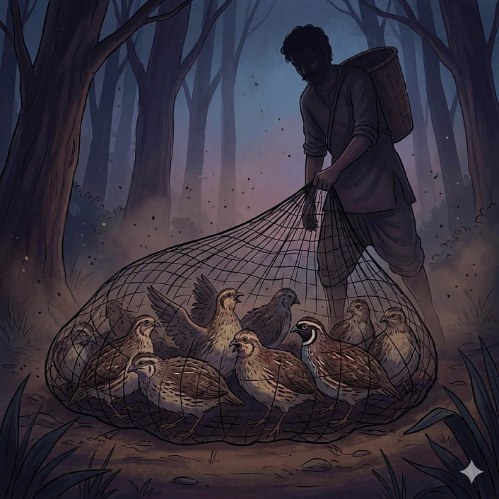 Цифровой арт. Птицелов стягивает сеть над спорящими птицами. Гибель из-за разобщенности.