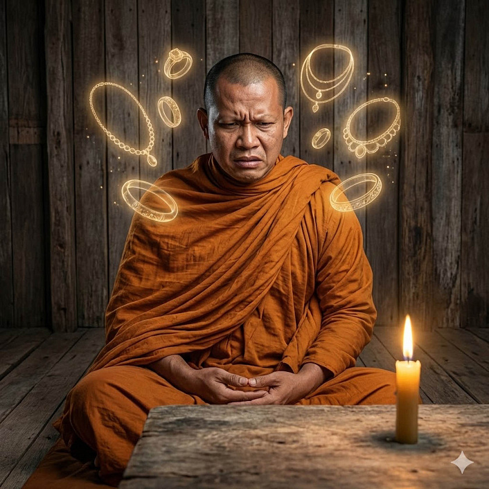 Цифровая иллюстрация монаха пытающегося медитировать в хижине символизирующая отвлечение ума