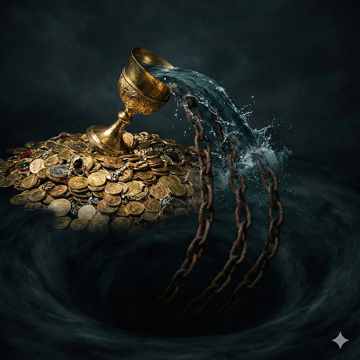 Сюрреалистический образ чаши с золотом превращающимся в цепи символизирующий алчность