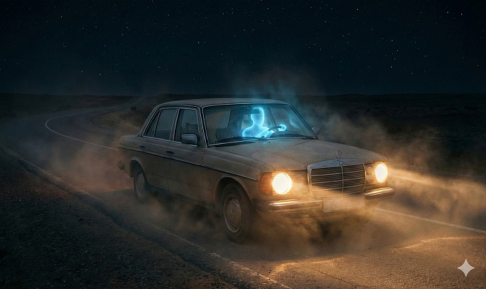 Светящийся водитель в старом автомобиле: метафора души управляющей физическим телом