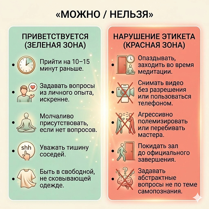 Матрица этикета медитации: зеленая зона приветствуемых действий и красная зона нарушений с иконками и текстом.