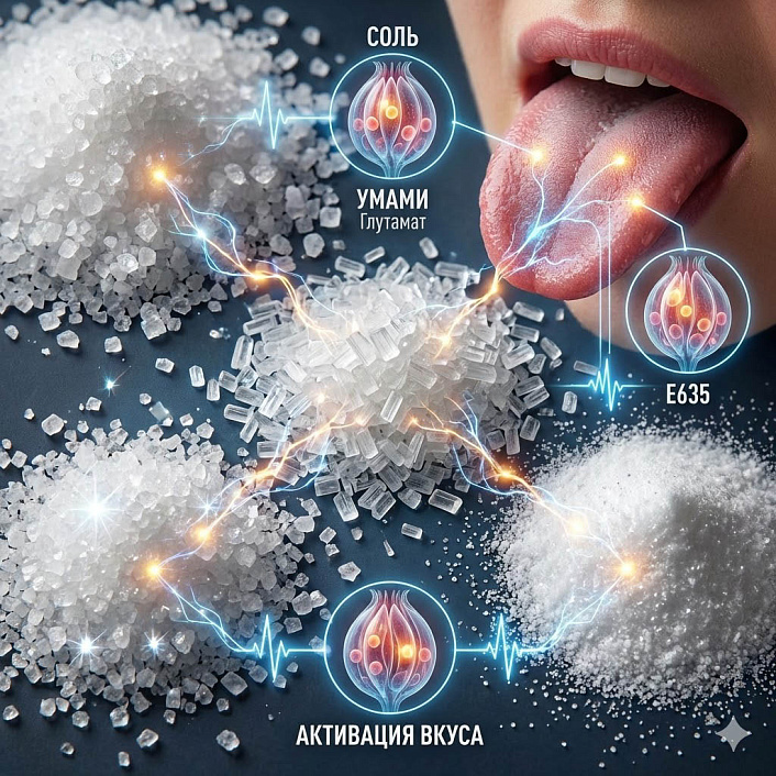 Макроснимок кристаллов соли, глутамата и Е635 с наложенными схемами активации рецепторов и их химическими формулами.