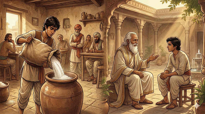 Подмастерье сыпет соль в кувшин, а мудрый купец дает наставления