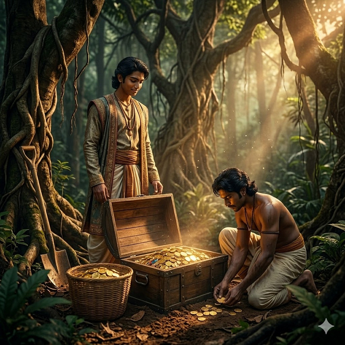 Арт молодого юноши, выкапывающего светящийся сундук с золотом в лесу. Обретение богатства.