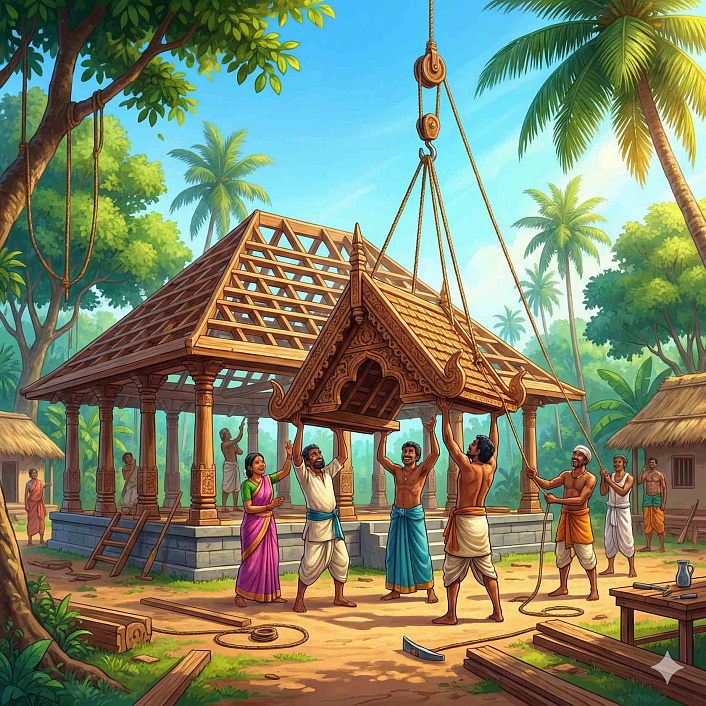 Арт крестьян, строящих дом собраний отражающий важность совместных благих дел