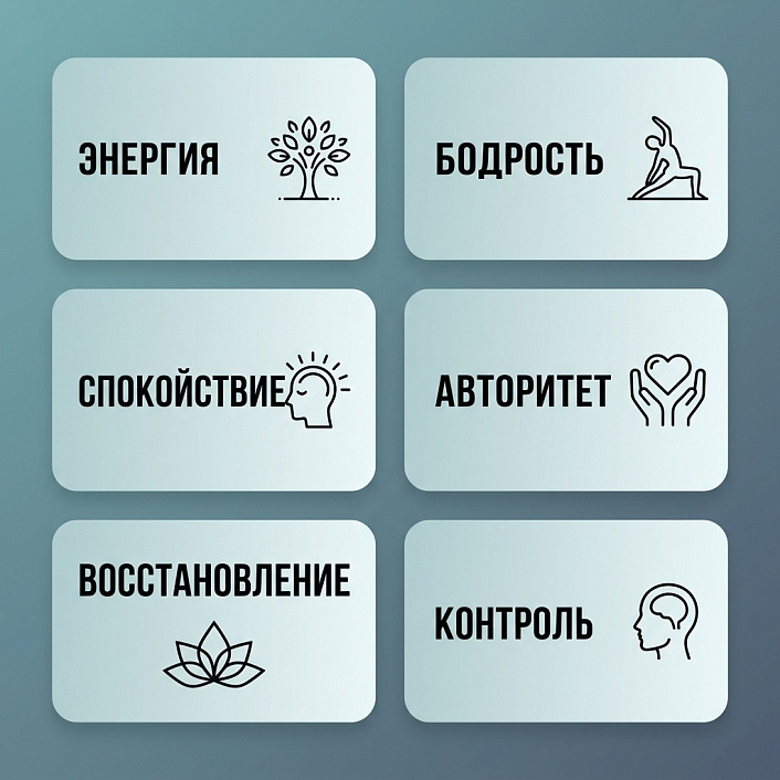 Инфографика шести аспектов пользы мантры Ади Шакти для мужчин в виде карточек для бодрости и самоконтроля