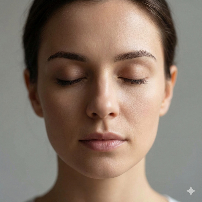 Фото лица женщины в покое, демонстрирующее эффект набхо мудры