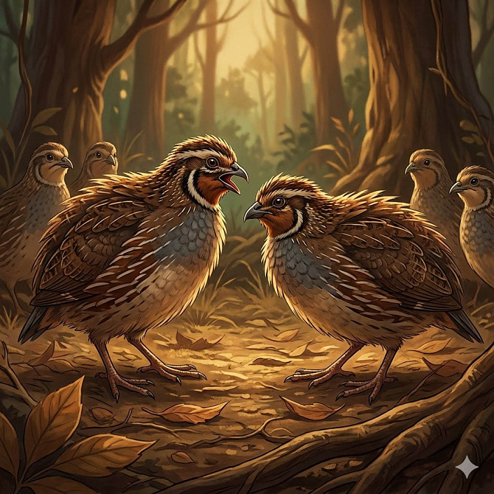 Рисунок. Два перепела агрессивно ссорятся из-за пустяка. Разлад внутри птичьей стаи.