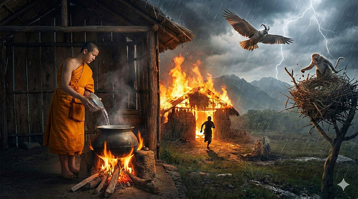 Иллюстрация к джатаке: монах кипятит воду, горящая хижина и обезьяна, разоряющая гнездо птицы в грозу