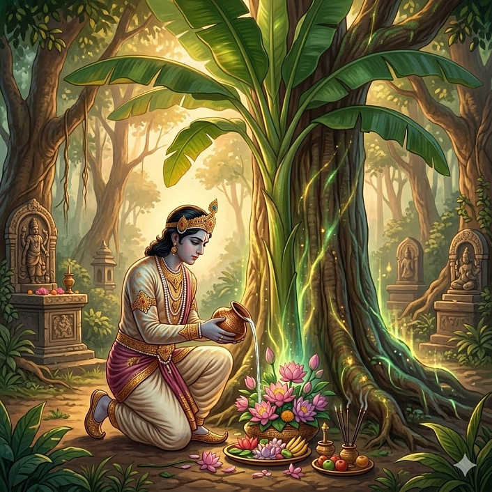 Принц Бодхисаттва совершает ритуал поливания водой священного бананового дерева в лесу Варанаси