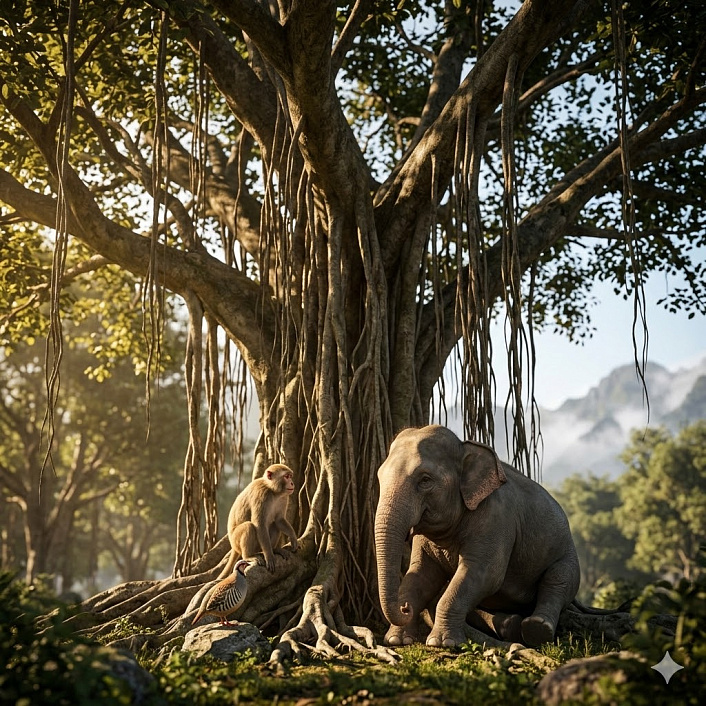 Мистический 3D рендер трех животных (слона, обезьяны и куропатки), сидящих под сенью гигантского баньяна в Гималаях