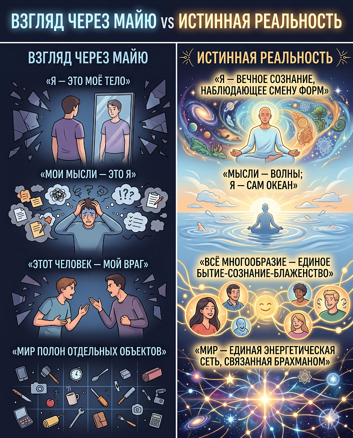 Сравнительная инфографика двух состояний сознания иллюстрирующая переход от иллюзии майи к истинной реальности