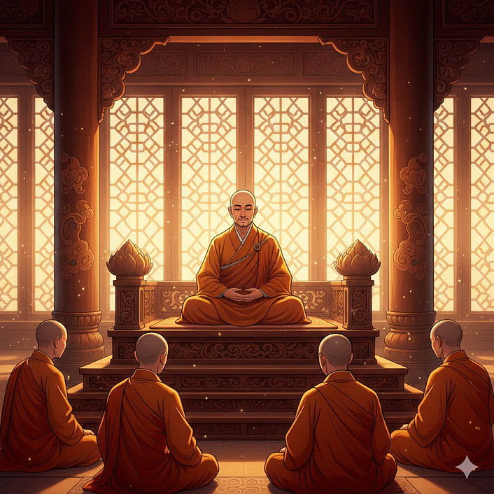 Цифровой арт мудрого Учителя, рассказывающего джатаку о сокровище Веры собранию внимательных монахов.