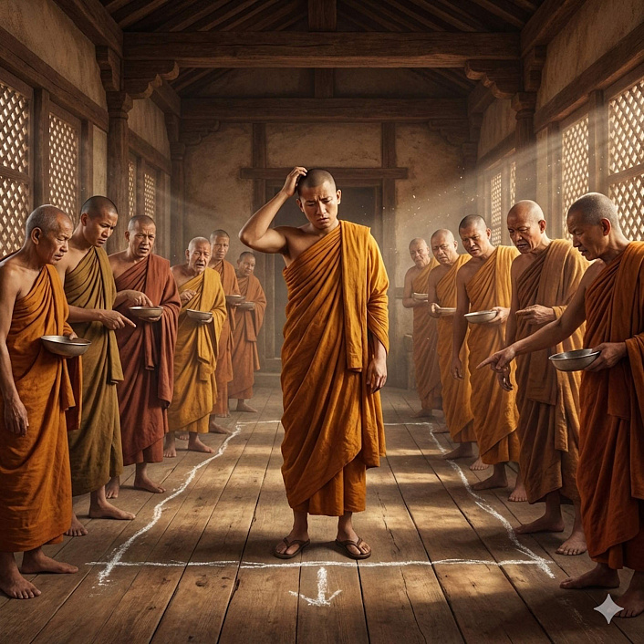 Арт растерянного монаха в зале раздачи пищи который начертил линию на полу и создал хаос