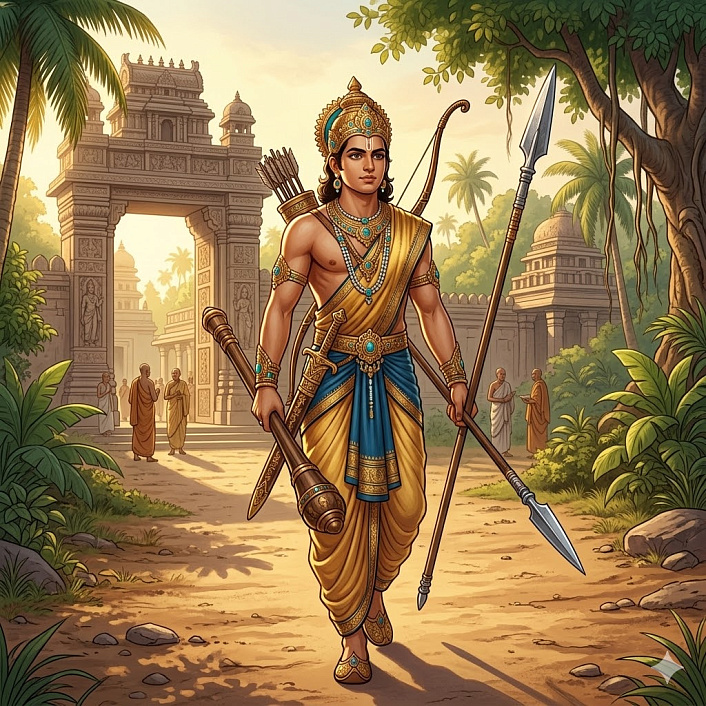 Арт царевича Панчавудхи в традиционных одеждах, покидающего Таккасилу с пятью видами оружия.
