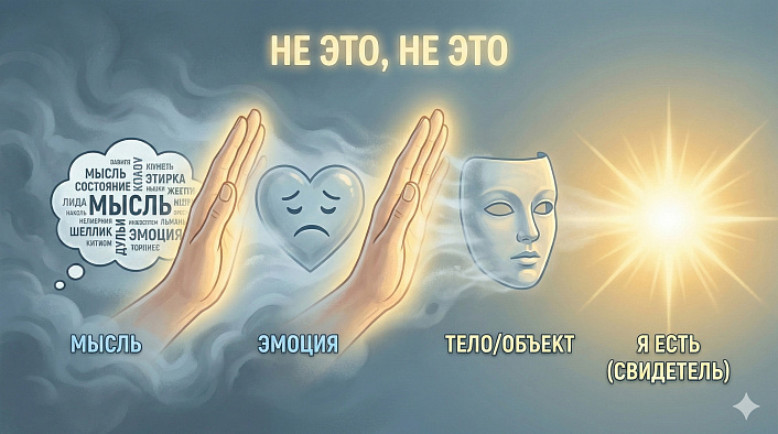 Иллюстрация практики Нети-Нети: руки отодвигают маски мыслей, эмоций и тела, открывая истинное Я в виде света