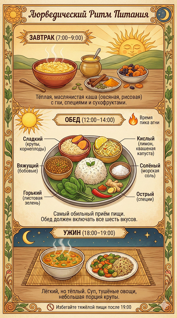 Аюрведический ритм питания по часам: время завтрака, обеда и ужина
