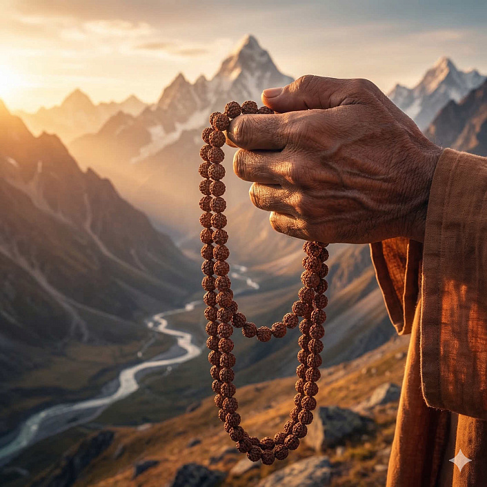 Цифровой арт рук йогина перебирающих малу из 108 бусин, практика медитации на имена Картикеи