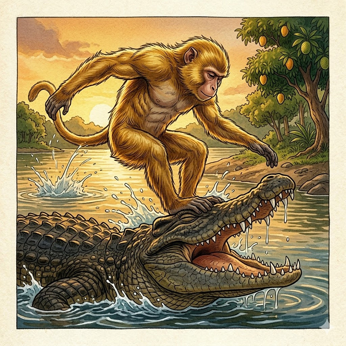Динамичный арт прыжка обезьяны на голову крокодила иллюстрирующий победу мудрости над силой