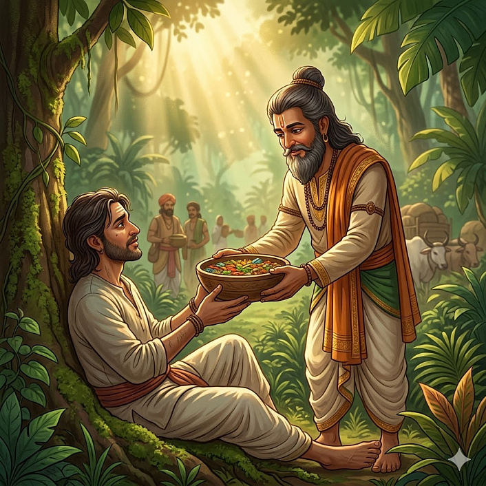 Иллюстрация старшего торговца, дающего целебное снадобье отравившимся путникам в древнем густом лесу.