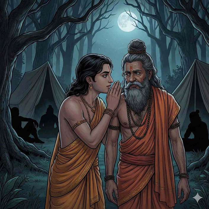 Арт молодого ученика, который серьезно предупреждает наставника. Буддийская джатака о жадности.