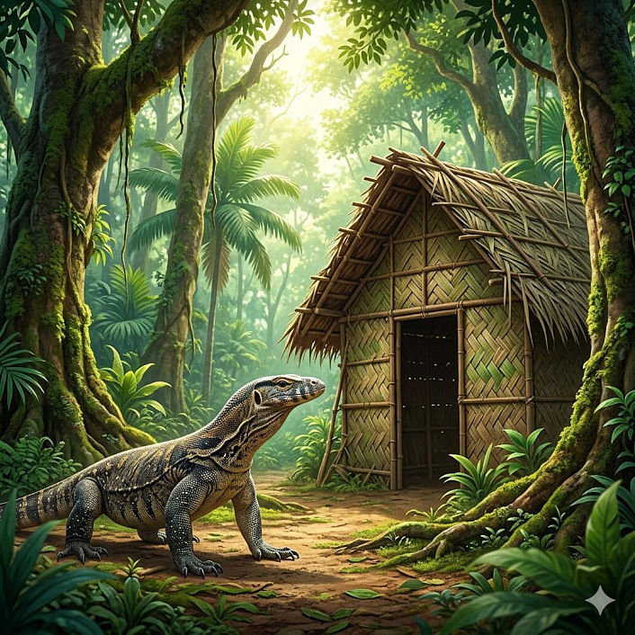 Цифровой арт большой ящерицы, наблюдающей за лесной хижиной, иллюстрирующий джатаку о мудрости.
