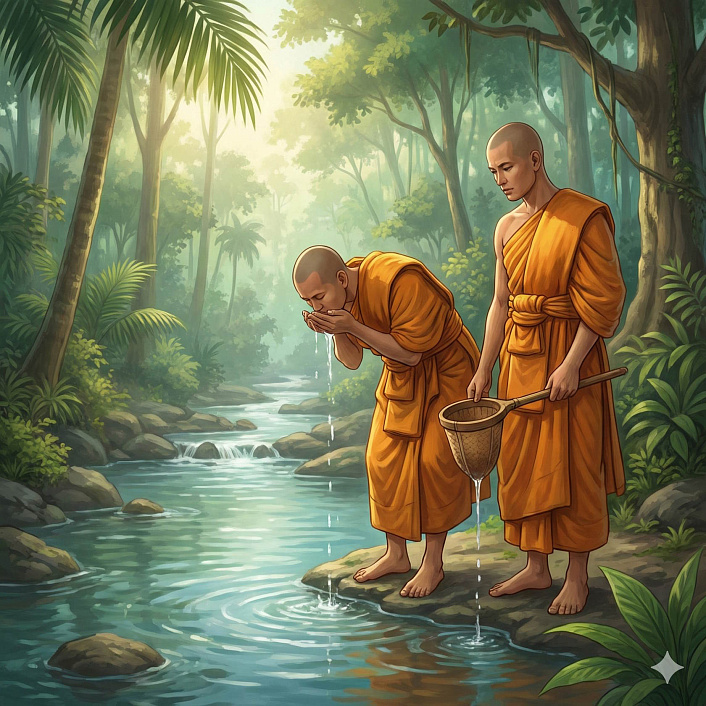 Цифровой арт двух монахов у ручья пьющих воду иллюстрирующий джатаку о сострадании