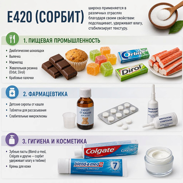 Инфографика сфер применения сорбита E420, демонстрирующая использование в продуктах, лекарствах и косметике