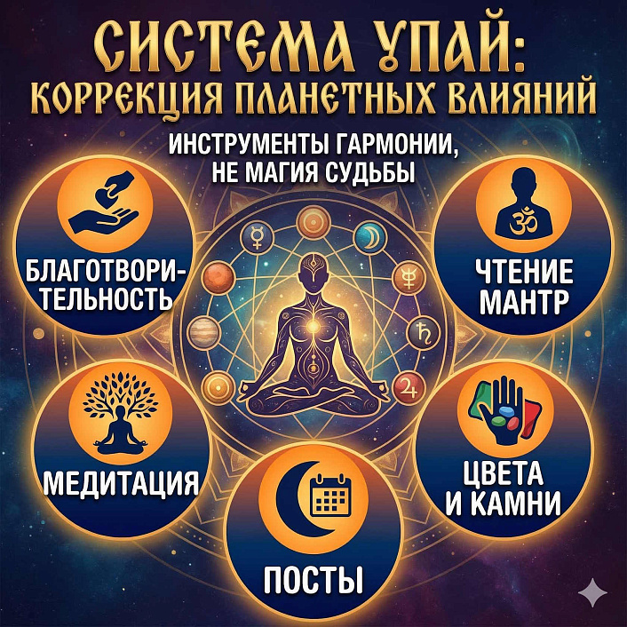 Инфографика системы упай, иллюстрирующая пять классических методов коррекции планетных влияний в ведической астрологии.