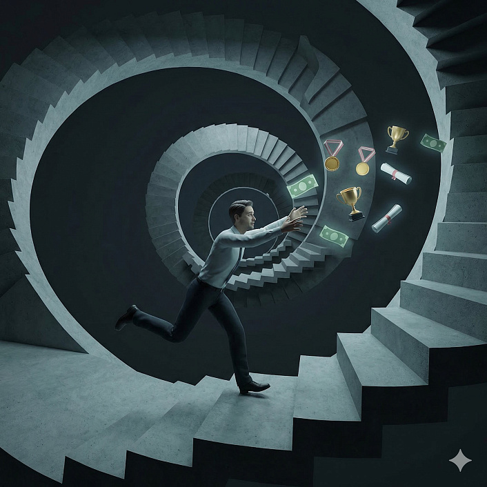 Концептуальный 3D-арт человека, бегущего по бесконечной лестнице, символизирующий гонку за достижениями.