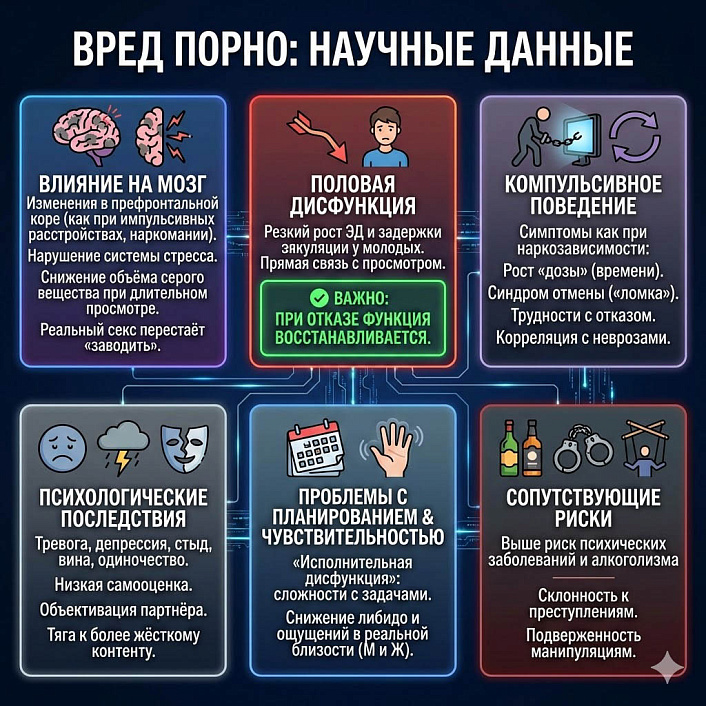 Блок-схема научных данных о вреде порно. Показ влияния на мозг, развития дисфункций и компульсивного поведения.