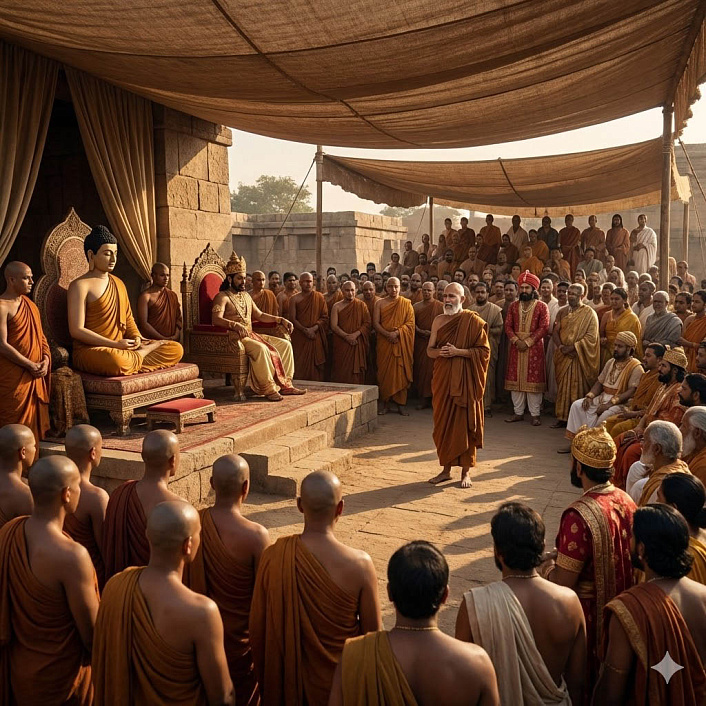 Историческое фото масштабного собрания с участием Будды и царя, где оправдывают беременную монахиню. (Фото/Собрание/Оправдывают/Суд над монахиней)