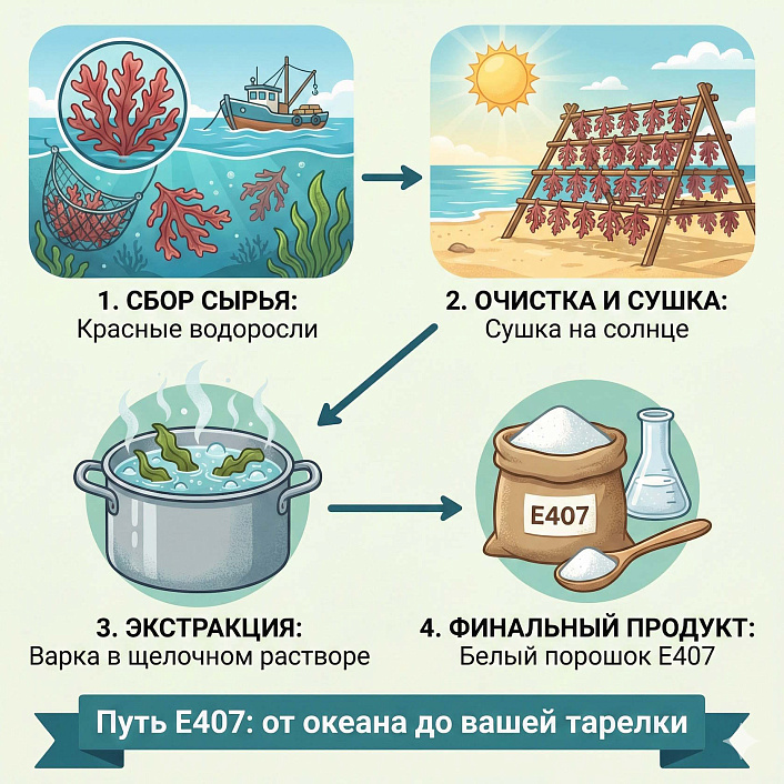 Схема производства добавки Е407 из красных водорослей: сбор, сушка на солнце, вываривание и получение белого порошка