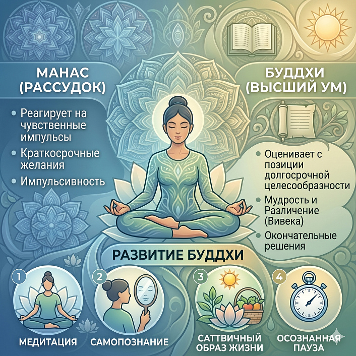 Цифровая иллюстрация медитирующего человека, выстраивающего структуру ума для развития буддхи и вивеки.