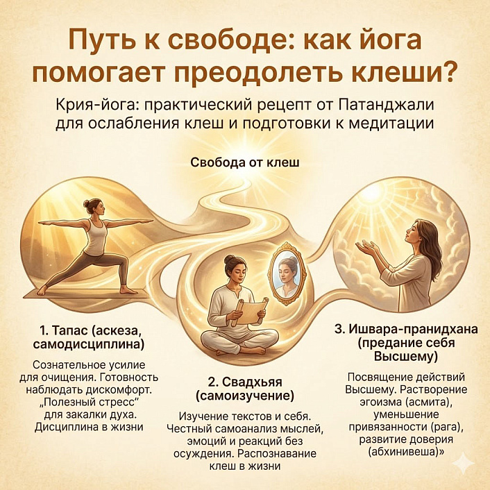 Схема крия-йоги: тапас, свадхьяя и ишвара-пранидхана для свободы от клеш