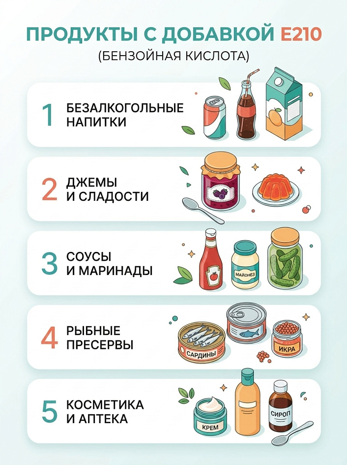 Инфографика 5 категорий товаров с Е210, показывающая применение бензойной кислоты в напитках, еде и косметике