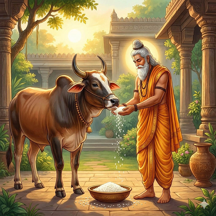 Арт древнего брахмана нежно кормящего молодого быка рисом иллюстрирующий силу искренней заботы
