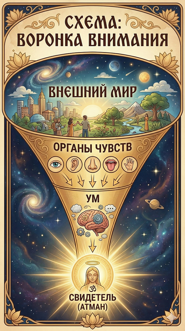 Схема воронки внимания: путь от внешнего мира к Атману через ум