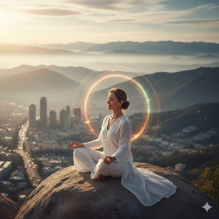 Женщина в медитации на вершине горы над городом