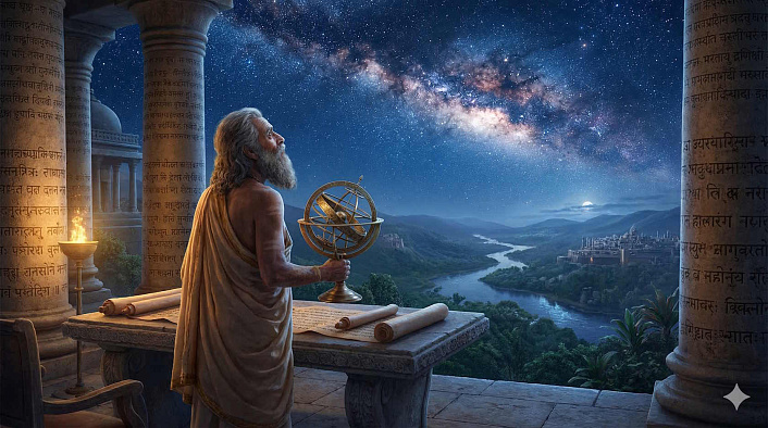 Ведический мудрец с астрономической сферой изучает звездное небо у истоков зарождения системы джйотиш