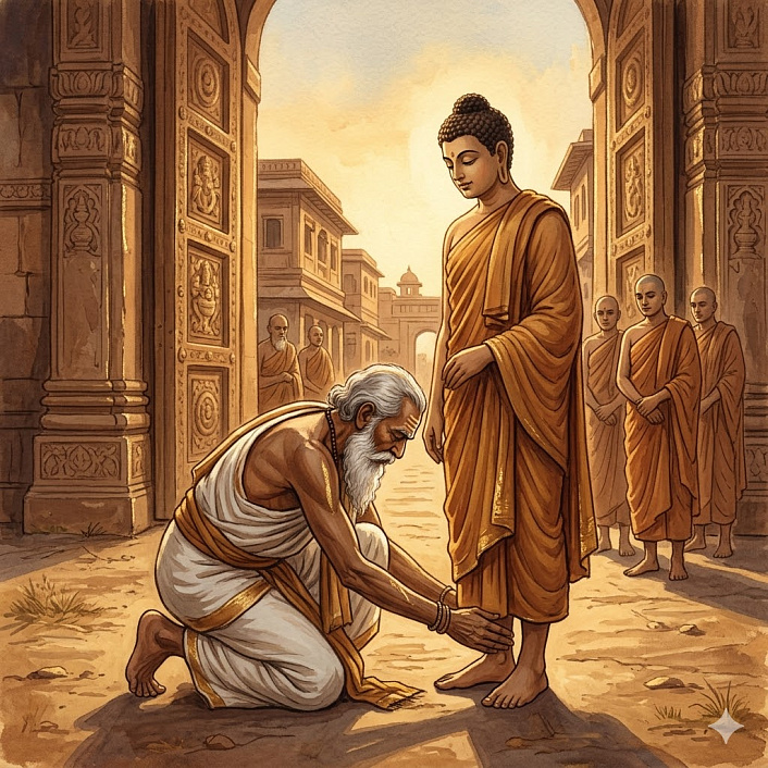 Арт пожилого брахмана, припадающего к ногам Будды у ворот, для истории о Джатаке.